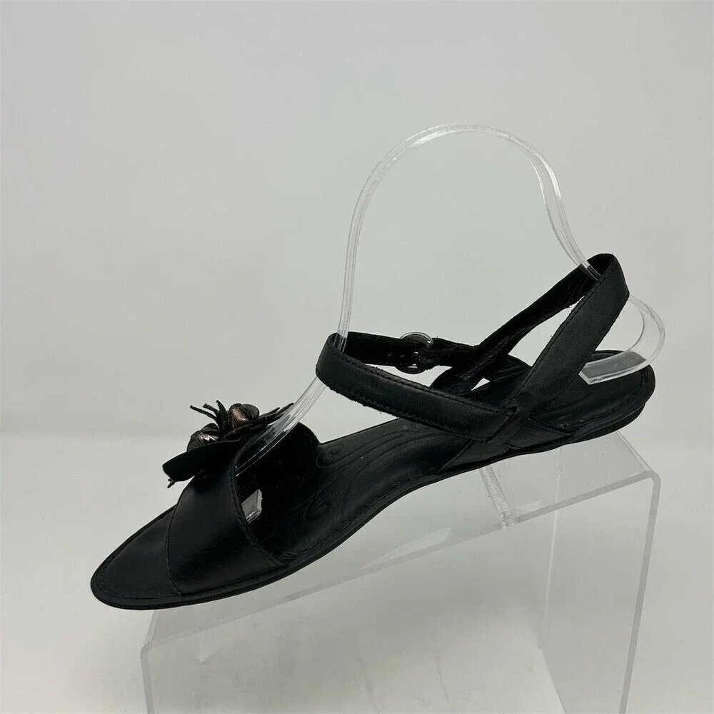 Born Yuki Women's Strappy Sandals Black Slingback Floral Accent Flat Size 8